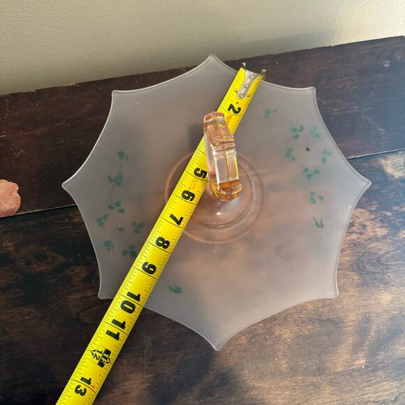 1930s Pink Depression Frosted Glass Handled Serving Tray Hand Painted Design - Picture 9 of 11